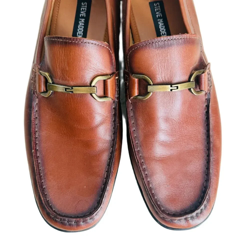 Steve Madden Kowan Driving Loafers Mens 11.5 Brown Leather Shoes Horse Bit Trim